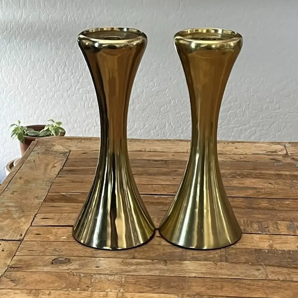 Modern Gold Tone Metal Candlestick Holders Nambe Style 12